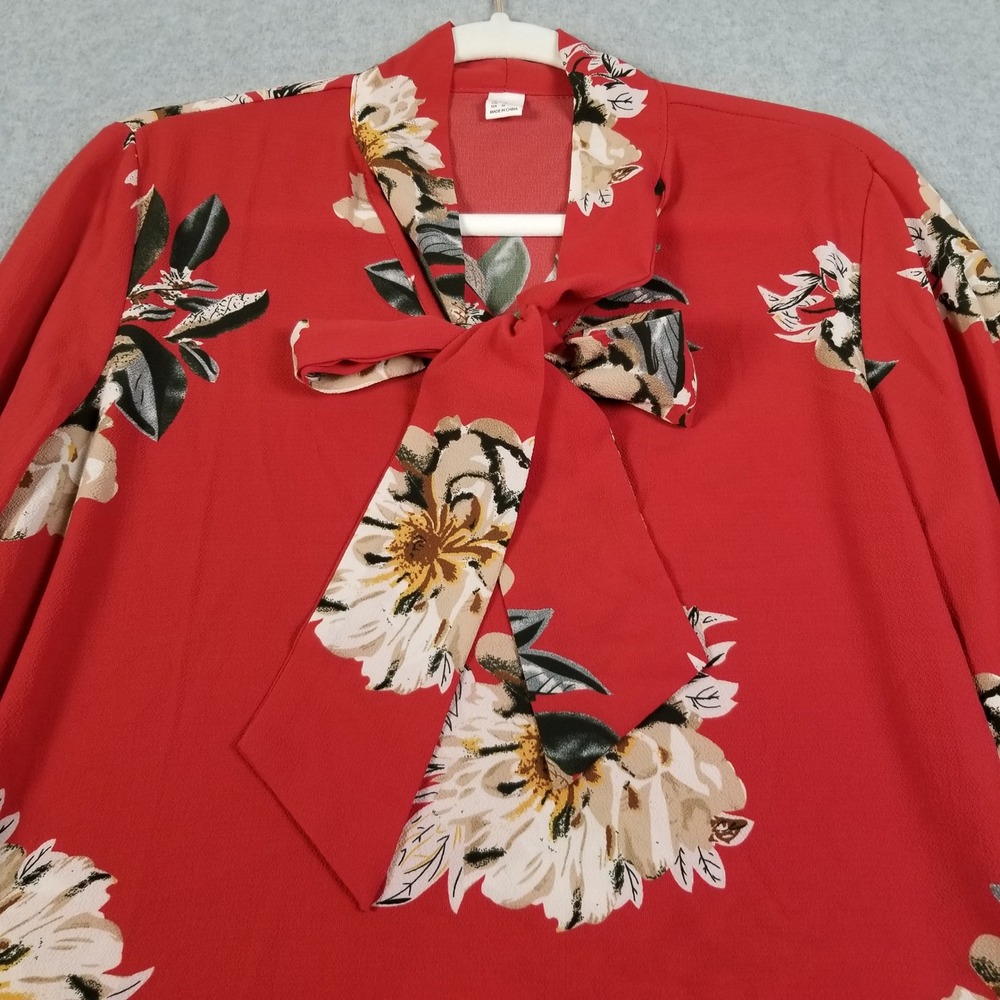 SHEIN Blouse Women M Medium Red Floral Tie Neck Long Sleeve Romantic Cottage Top - Picture 2 of 10